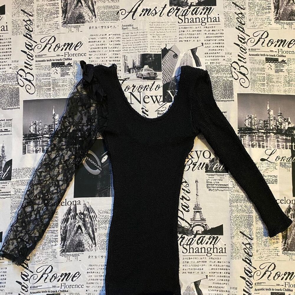 Nuance Black bodycon ribbed lace sleeve ruffles party club lbd dress vintage 80s